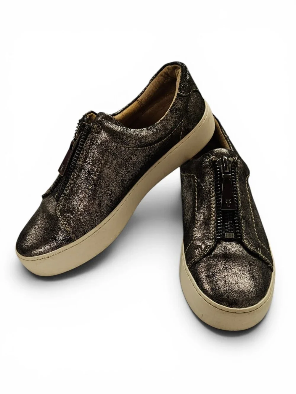Frye Lena Low Platform Slip-On Leather Sneakers in Pewter And Bronze Size 6.5
